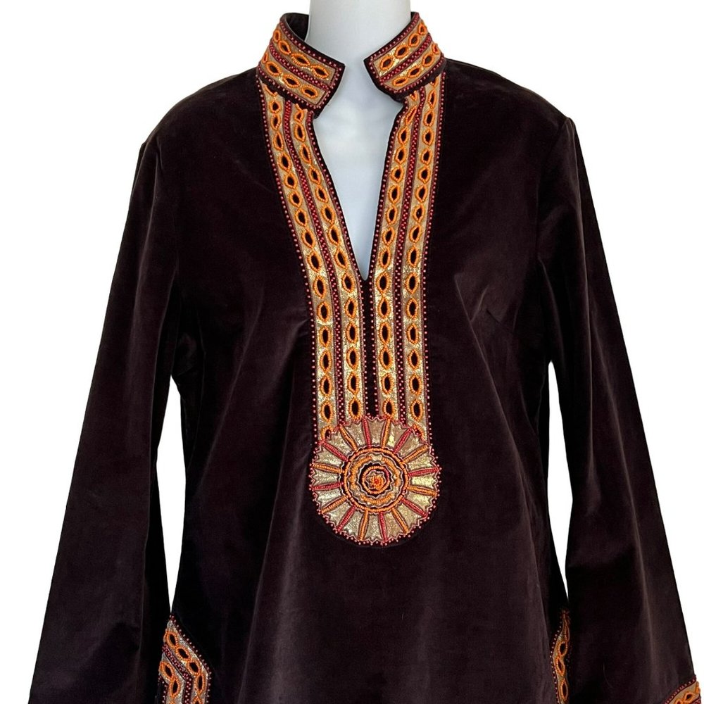 ππ SOLD ππ TORY BURCH BROWN VELVET VINTAGE INSPIRED BEADED TOP - Picture 2 of 13